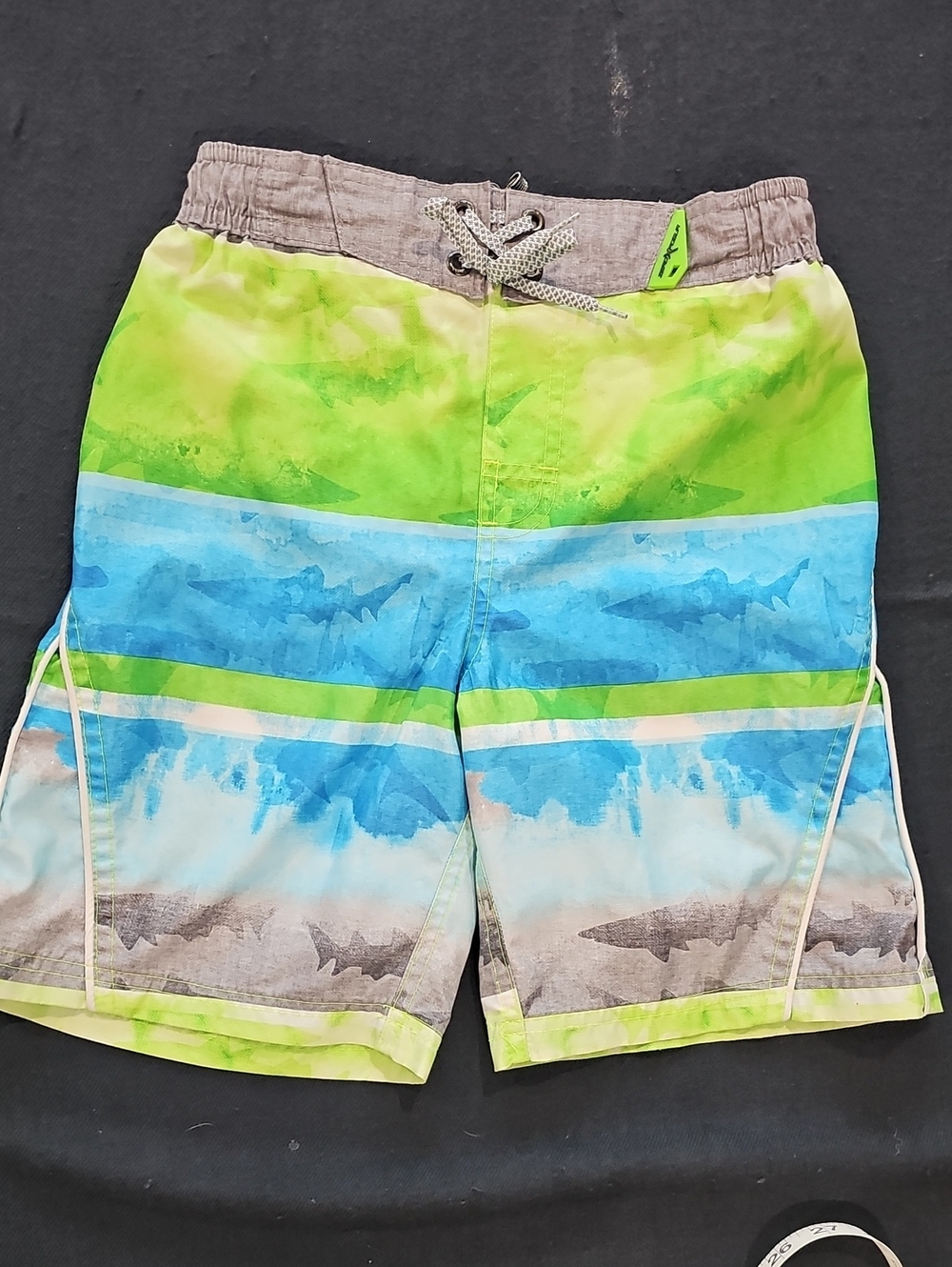 Kids Swim Trunks - Green Blue Stripe Shark Print Boys Size L (7)